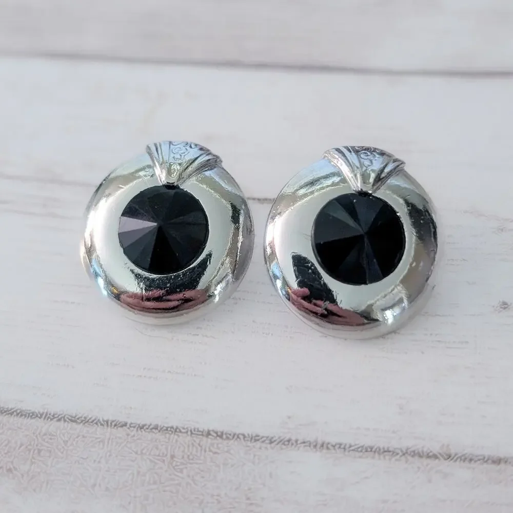 Vintage Stud Earrings Silver Tone with Faceted Black Gem